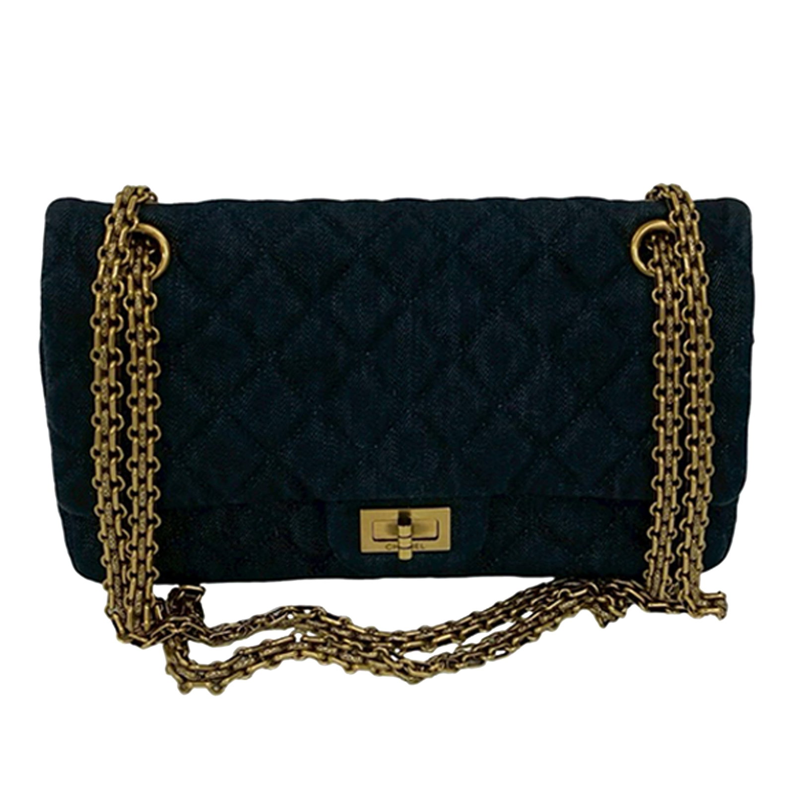 Chanel Reissue 2.55 226 Blue Quilted Denim Double Flap Shoulder Bag: Chanel Reissue 2.55 226 Blue Quilted Denim Double Flap Shoulder Bag This Chanel Quilted Denim Reissue 2.55 Double Flap 226 shoulder bag features a blue quilted denim body and chain link shoulder strap
