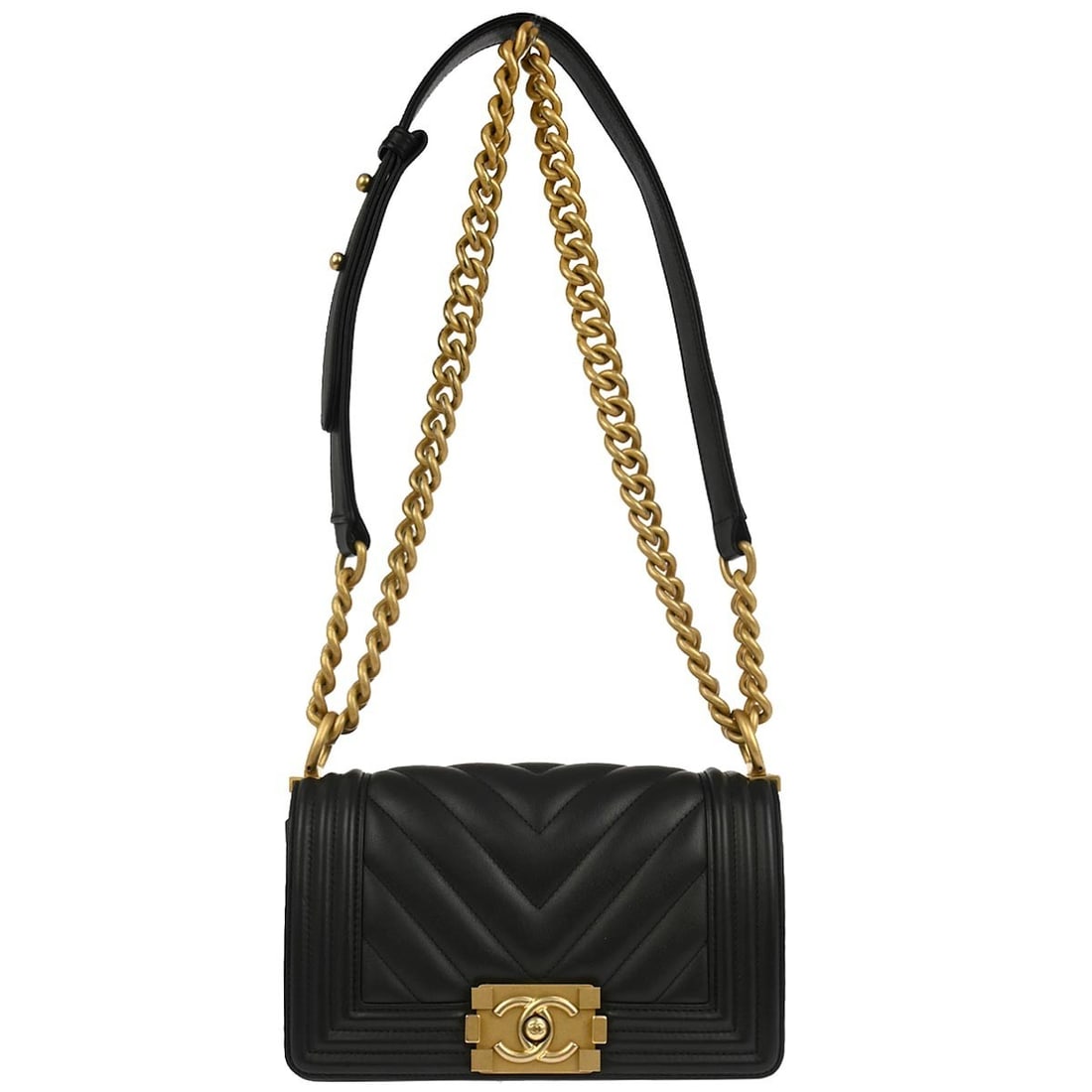 Chanel Boy Black Lambskin Mini Chain Strap Shoulder Handbag: Chanel Boy Black Lambskin Mini Chain Strap Shoulder Handbag This Boy Chanel small chain shoulder bag is crafted from black lambskin leather and features a classic clasp flap closure. The mini-sized ba