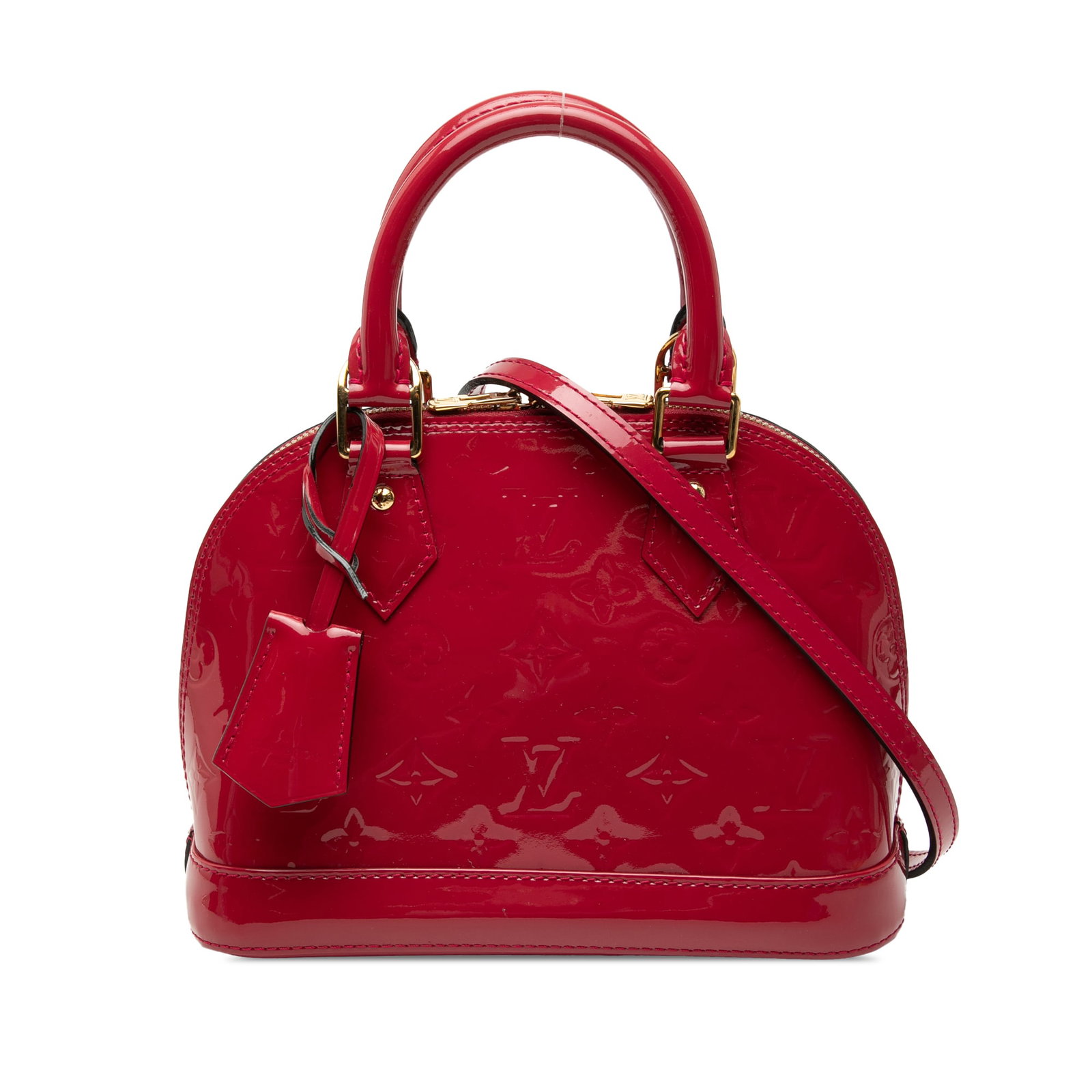 Louis Vuitton Alma BB Red Vernis Monogram Leather Bag with Strap: Louis Vuitton Alma BB Red Vernis Monogram Leather Bag with Strap This Louis Vuitton Monogram Vernis Alma BB features a red monogram vernis leather body with rolled leather handles and a detachable lea