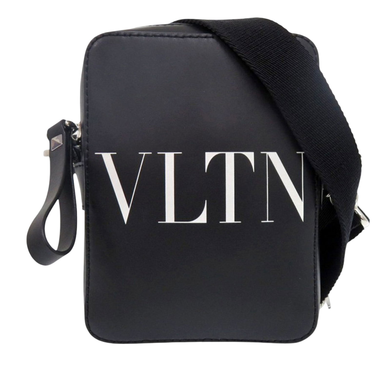 Black Leather Valentino VLTN Small Crossbody Bag with Nylon Strap: Black Leather Valentino VLTN Small Crossbody Bag with Nylon Strap This Valentino Small Leather VLTN Crossbody bag is crafted from black leather and features a detachable and adjustable nylon strap wit