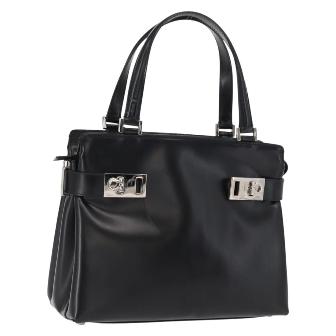 Black Leather Salvatore Ferragamo Women's Handbag with Silver Tone Hardware: Black Leather Salvatore Ferragamo Women's Handbag with Silver Tone Hardware This Salvatore Ferragamo handbag is crafted from black leather with silver-tone accents. Designed for women, it features a s