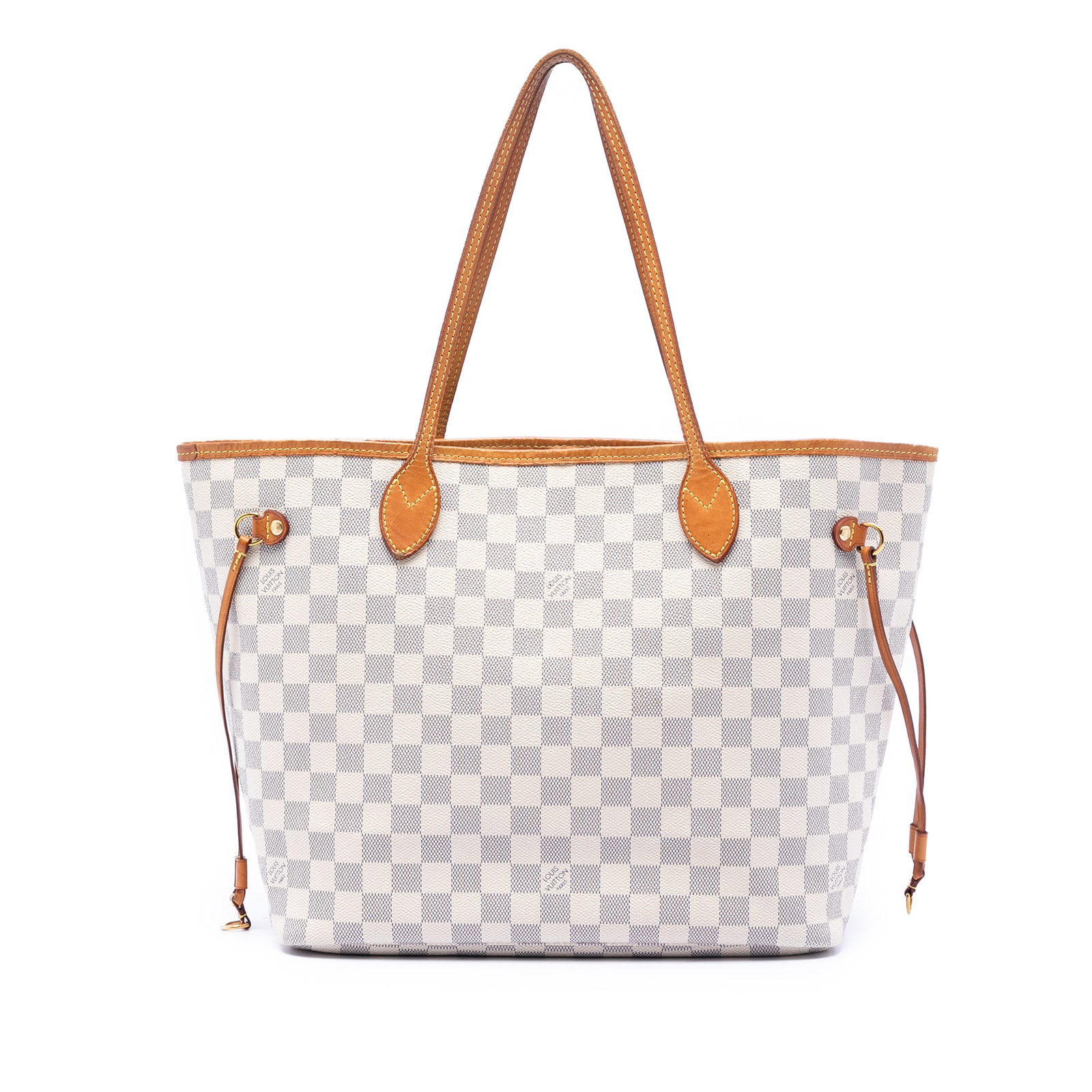 Louis Vuitton Neverfull MM Tote in Damier Azur Canvas with Vachetta Trim: Louis Vuitton Neverfull MM Tote in Damier Azur Canvas with Vachetta Trim This Louis Vuitton Damier Azur Neverfull MM features a damier azur canvas exterior with vachetta leather trim and flat vachetta