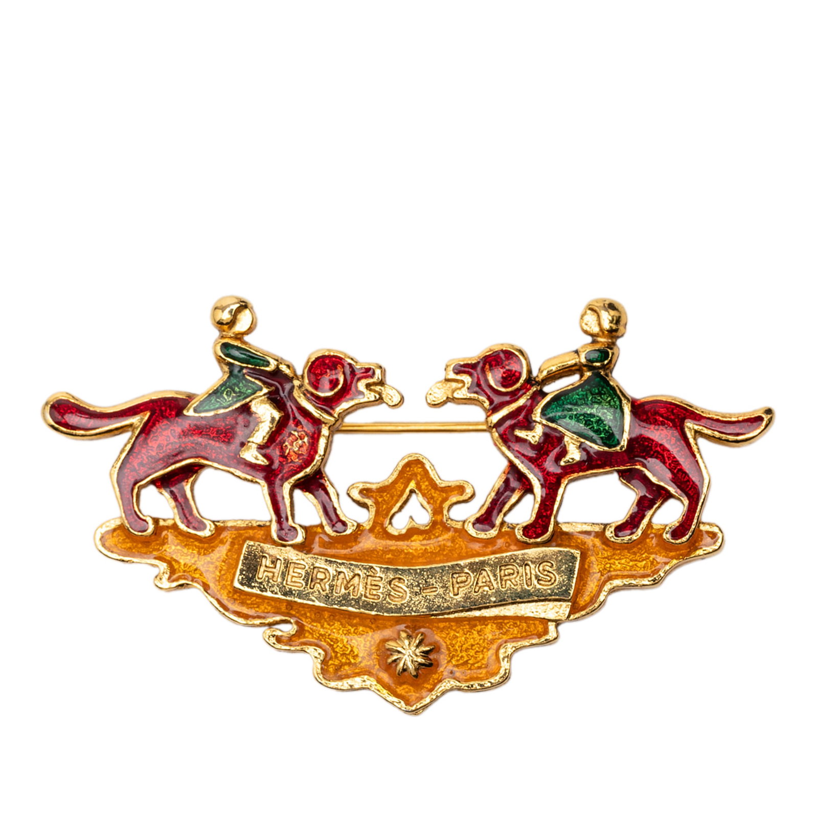 Hermes Enamel Brooch with Gold Plating Depicting Children and Dogs: Hermes Enamel Brooch with Gold Plating Depicting Children and Dogs This Hermes brooch features an enamel and gold-plated metal body, adorned with a children and dogs motif. It is designed with a pin c