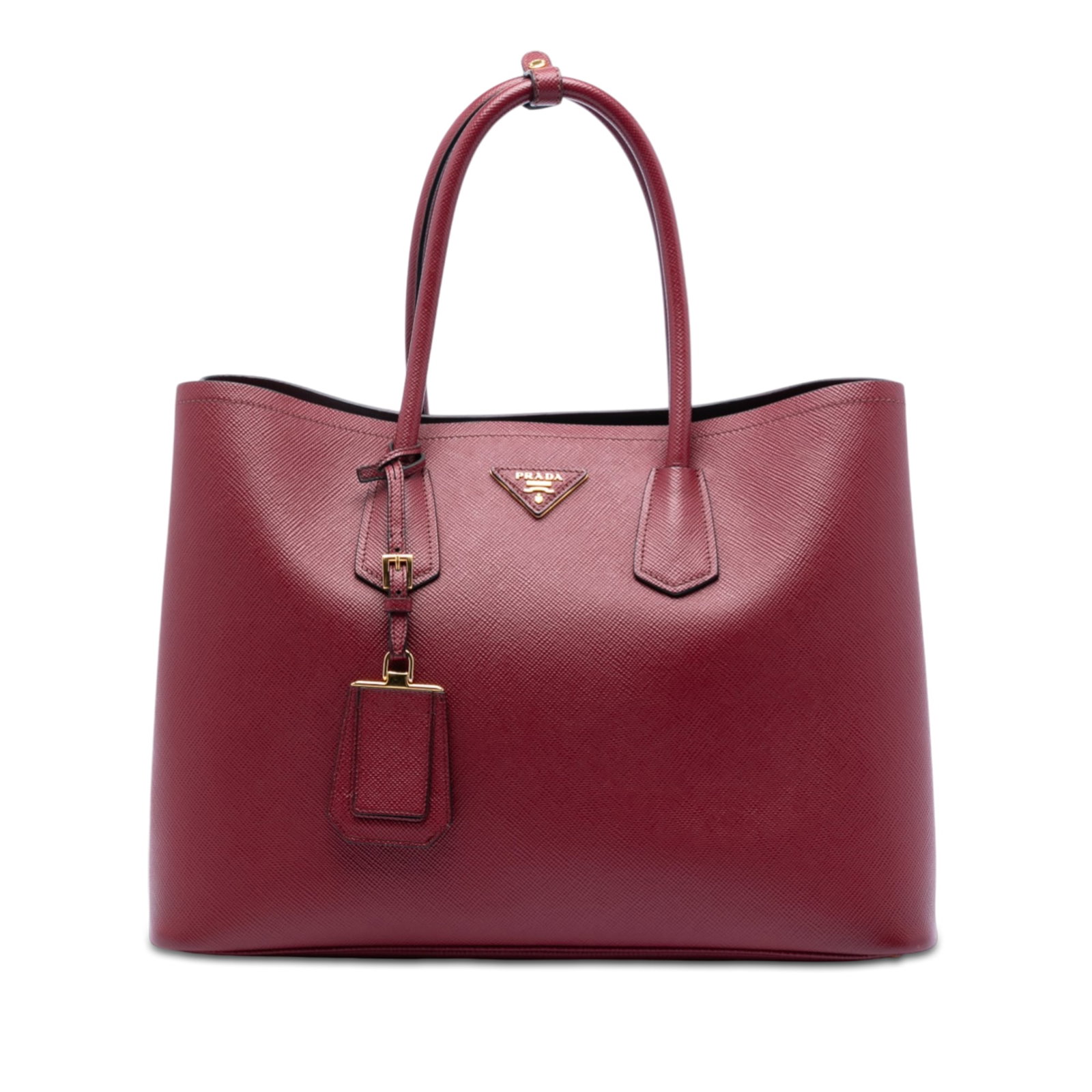Prada Saffiano Leather Medium Double Handle Satchel Red: Prada Saffiano Leather Medium Double Handle Satchel Red This Prada Medium Saffiano Cuir Double Satchel is crafted from saffiano leather and features rolled leather handles, an open top, and an interio