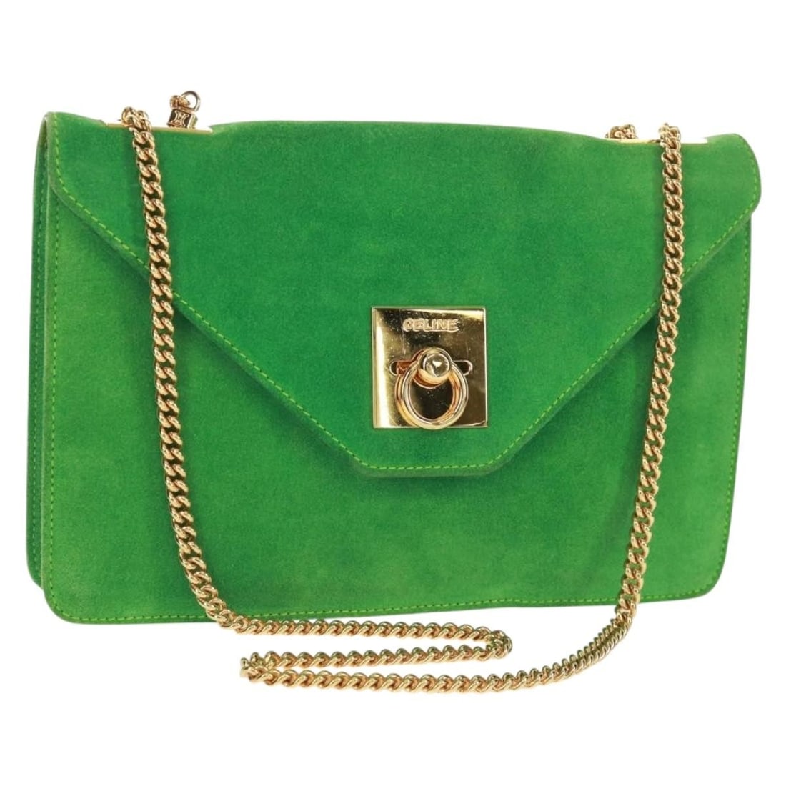 Celine Green Suede Chain Shoulder Bag with Gold Tone Hardware and Dust Bag: Celine Green Suede Chain Shoulder Bag with Gold Tone Hardware and Dust Bag This Celine chain shoulder bag features a green suede exterior with gold-tone details. The bag offers a compact design with a