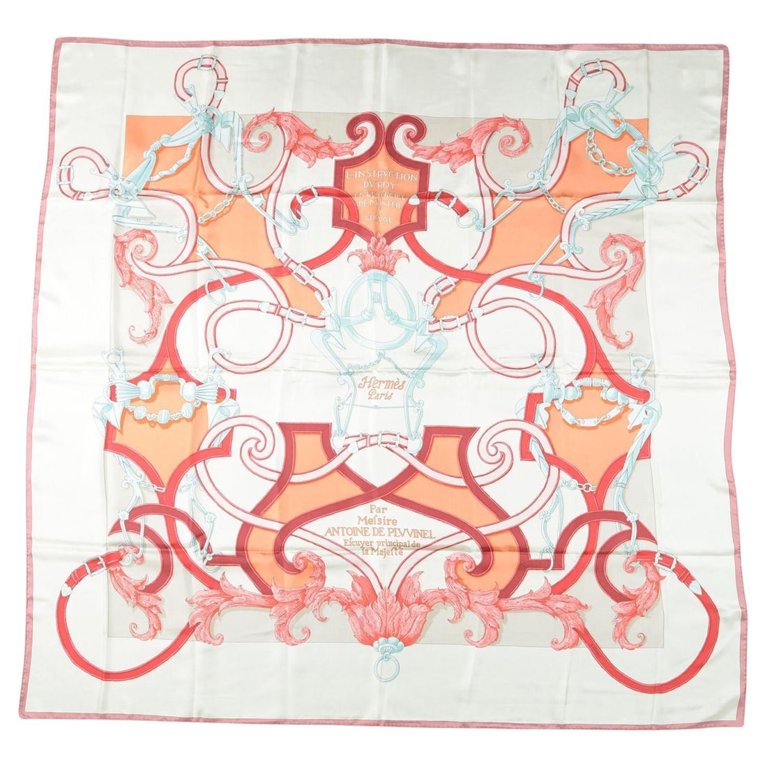 Instruction Du Roy motif silk shawl by Hermes 52 inch square: Instruction Du Roy motif silk shawl by Hermes 52 inch square Hermes "Instruction Du Roy" shawl crafted from 100% silk features the distinctive Instruction Du Roy motif and hand rolled edges. Made in F