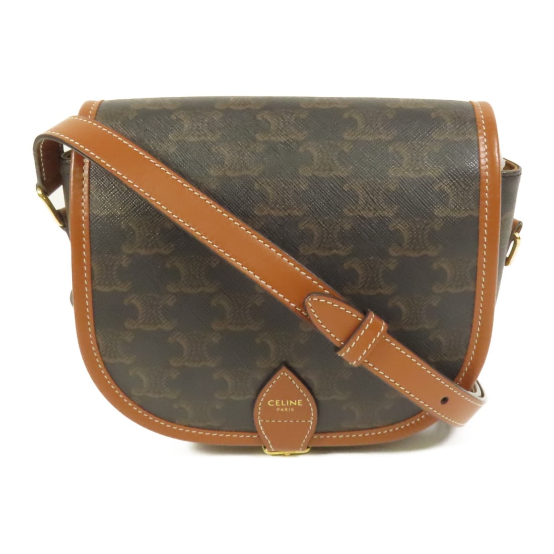 CELINE Folco Brown Shoulder Bag Coated Canvas GHW: CELINE Folco Brown Shoulder Bag Coated Canvas GHW This CELINE Folco Shoulder Bag is designed for stylish versatility. Crafted from durable PVC coated canvas, it features a rich brown exterior that com