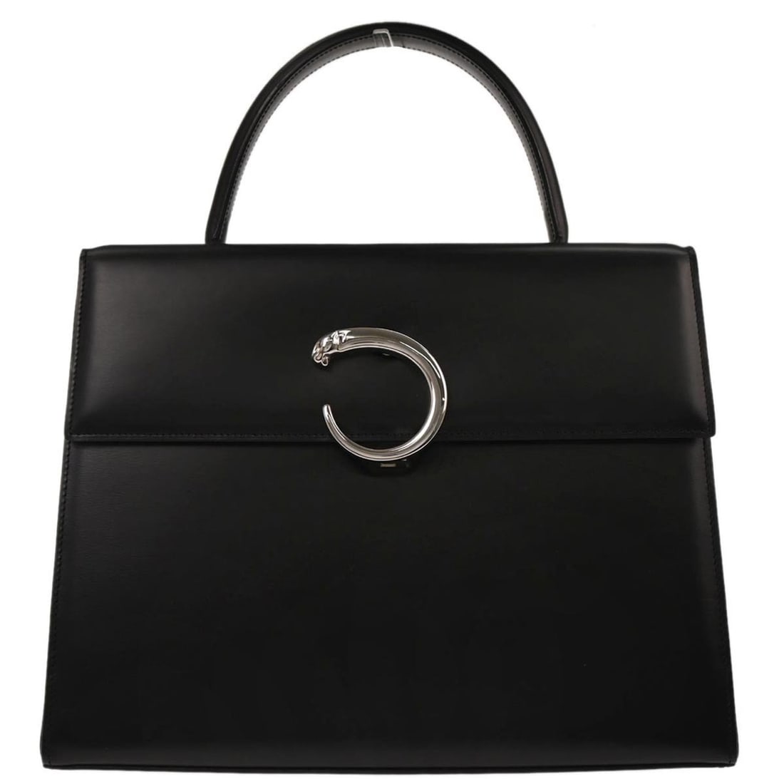 Cartier Panthere Medium Black Leather Top Handle Bag with Pockets: Cartier Panthere Medium Black Leather Top Handle Bag with Pockets This vintage Cartier Panthere handbag is crafted from black leather and features a top handle design. It is medium-sized with black ha