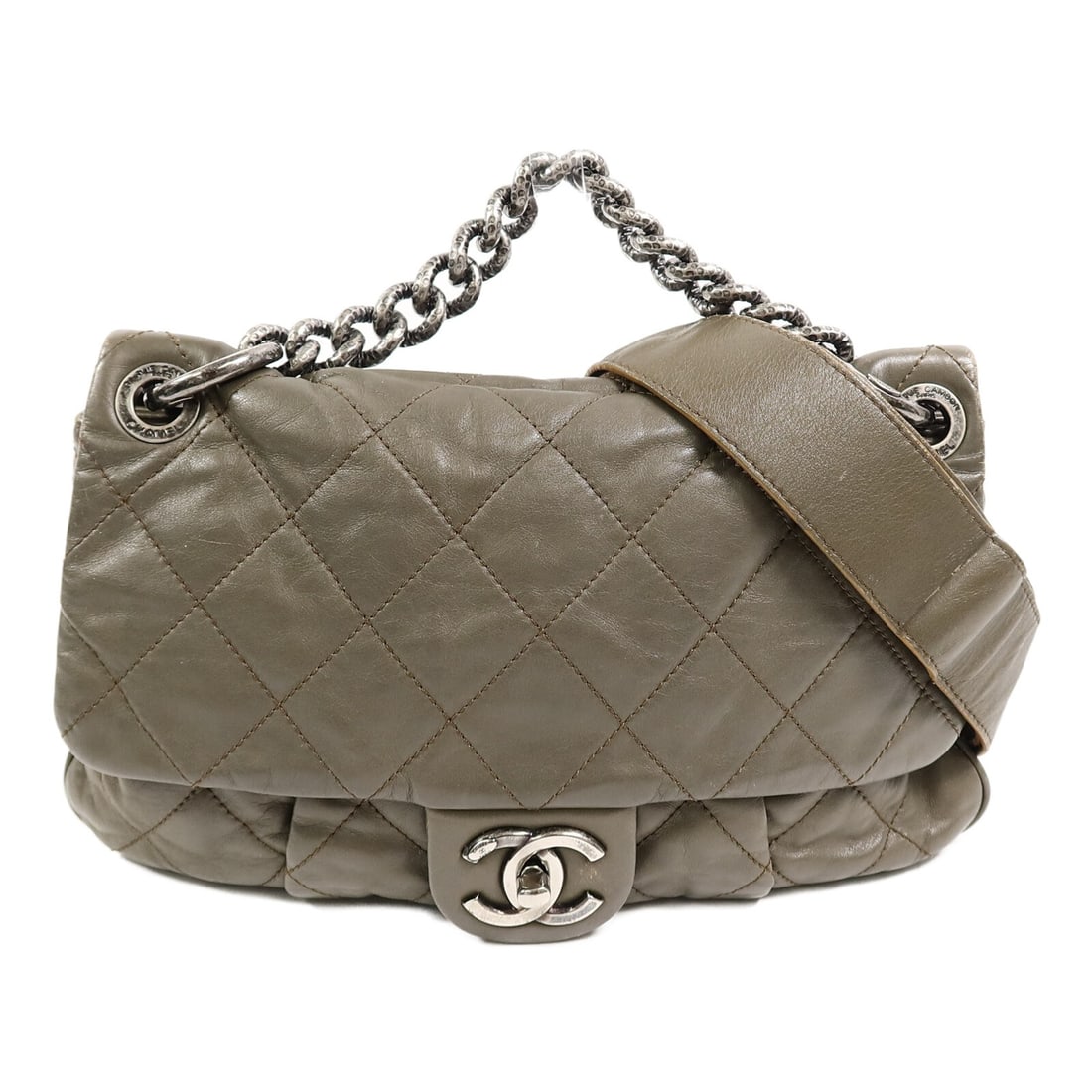 CHANEL Gray Lambskin 2 Way Shoulder Bag CC SHW: CHANEL Gray Lambskin 2 Way Shoulder Bag CC SHW This CHANEL 2-way shoulder bag is crafted from luxurious gray lambskin leather and features the iconic CC logo. Designed for versatile wear, it can be st