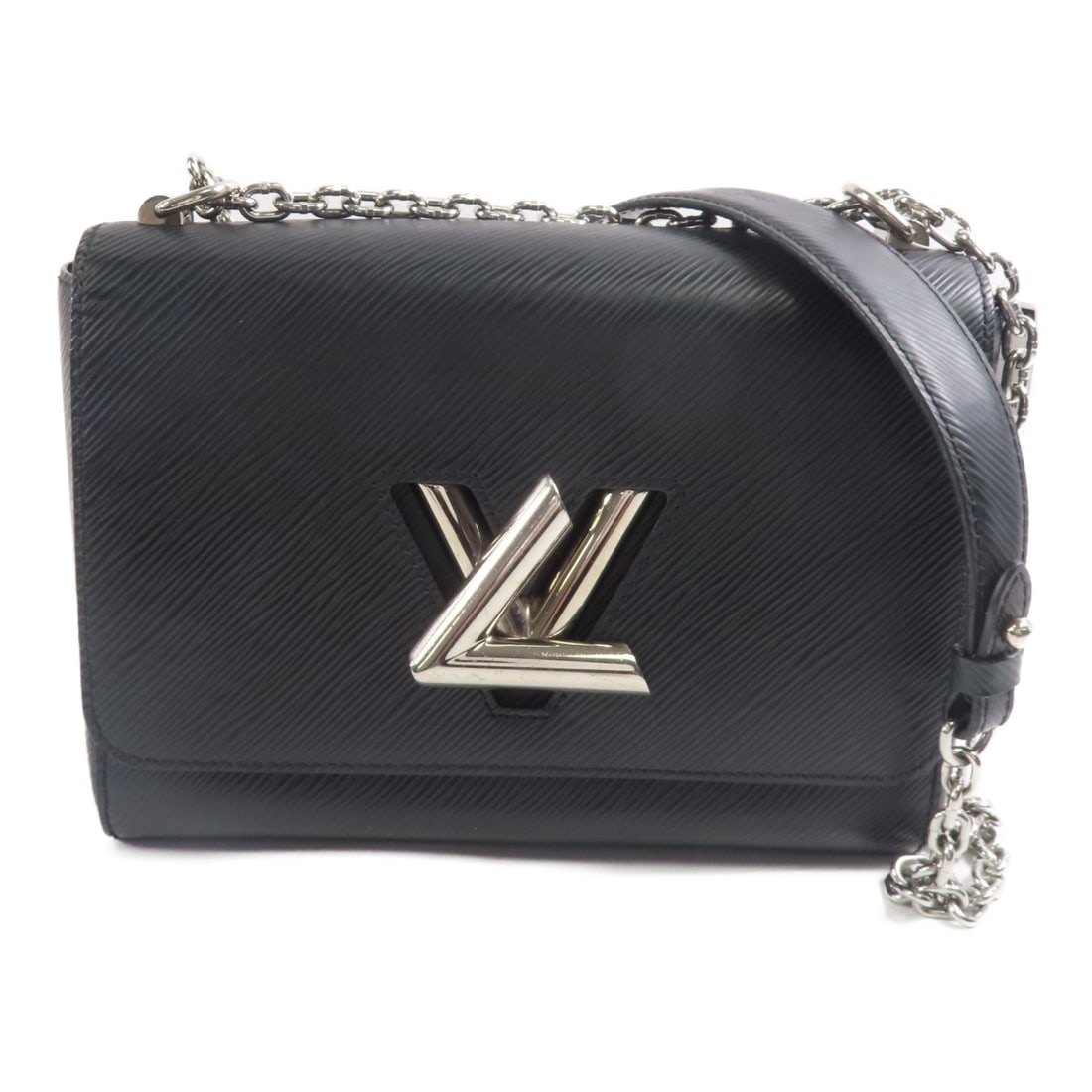 Louis Vuitton Twist MM Black Calfskin Shoulder Bag Silver Hardware M56530: Louis Vuitton Twist MM Black Calfskin Shoulder Bag Silver Hardware M56530 This Louis Vuitton Twist MM shoulder bag features a sleek black Epi leather exterior crafted from calfskin. Designed for women