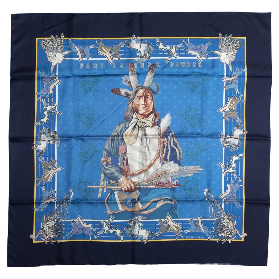 Hermes Limited Edition Pawnee Bandana Scarf by Kermit Oliver: Hermes Limited Edition Pawnee Bandana Scarf by Kermit Oliver Elevate your accessory collection with this exquisite Hermes limited edition Pawnee bandana scarf. Crafted from luxurious silk twill, this 