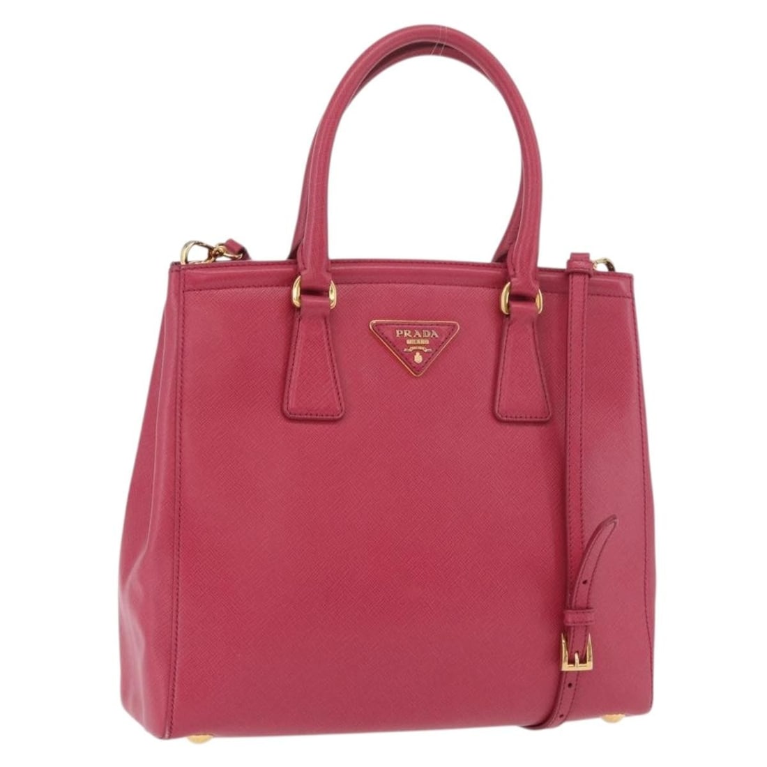 Prada Pink Gold Saffiano Leather Shoulder Strap Handbag: Prada Pink Gold Saffiano Leather Shoulder Strap Handbag This PRADA handbag is crafted from luxurious Saffiano leather in a pink and gold color combination. Designed for versatility, it features both t