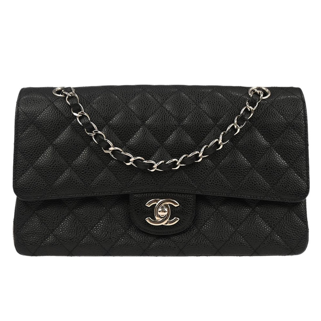 Medium Classic Double Flap Shoulder Bag in Black Caviar Leather by Chanel: Medium Classic Double Flap Shoulder Bag in Black Caviar Leather by Chanel This Chanel Medium Classic Double Flap Shoulder Bag features black caviar skin leather with a matelasse pattern and logo accen