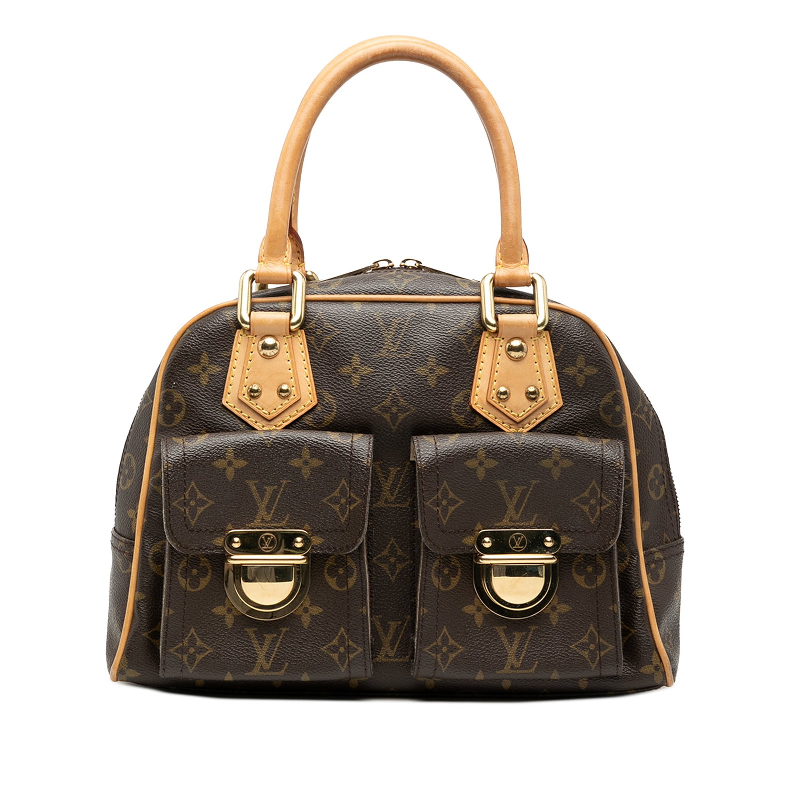 Louis Vuitton Manhattan PM Brown Monogram Canvas Bag with Gold Tone Hardware: Louis Vuitton Manhattan PM Brown Monogram Canvas Bag with Gold Tone Hardware The Louis Vuitton Monogram Manhattan PM features a brown monogram canvas body with vachetta leather trim and rolled vachett