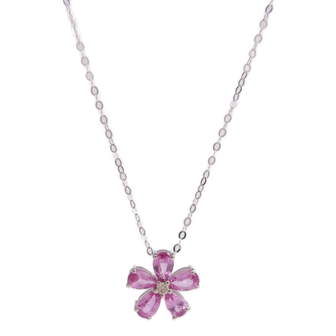 Pink Sapphire Diamond 18K White Gold Necklace: Pink Sapphire Diamond 18K White Gold Necklace This elegant necklace features a pink sapphire as the main stone, set in 18K white gold. Designed for women, it offers a sophisticated style with a regula