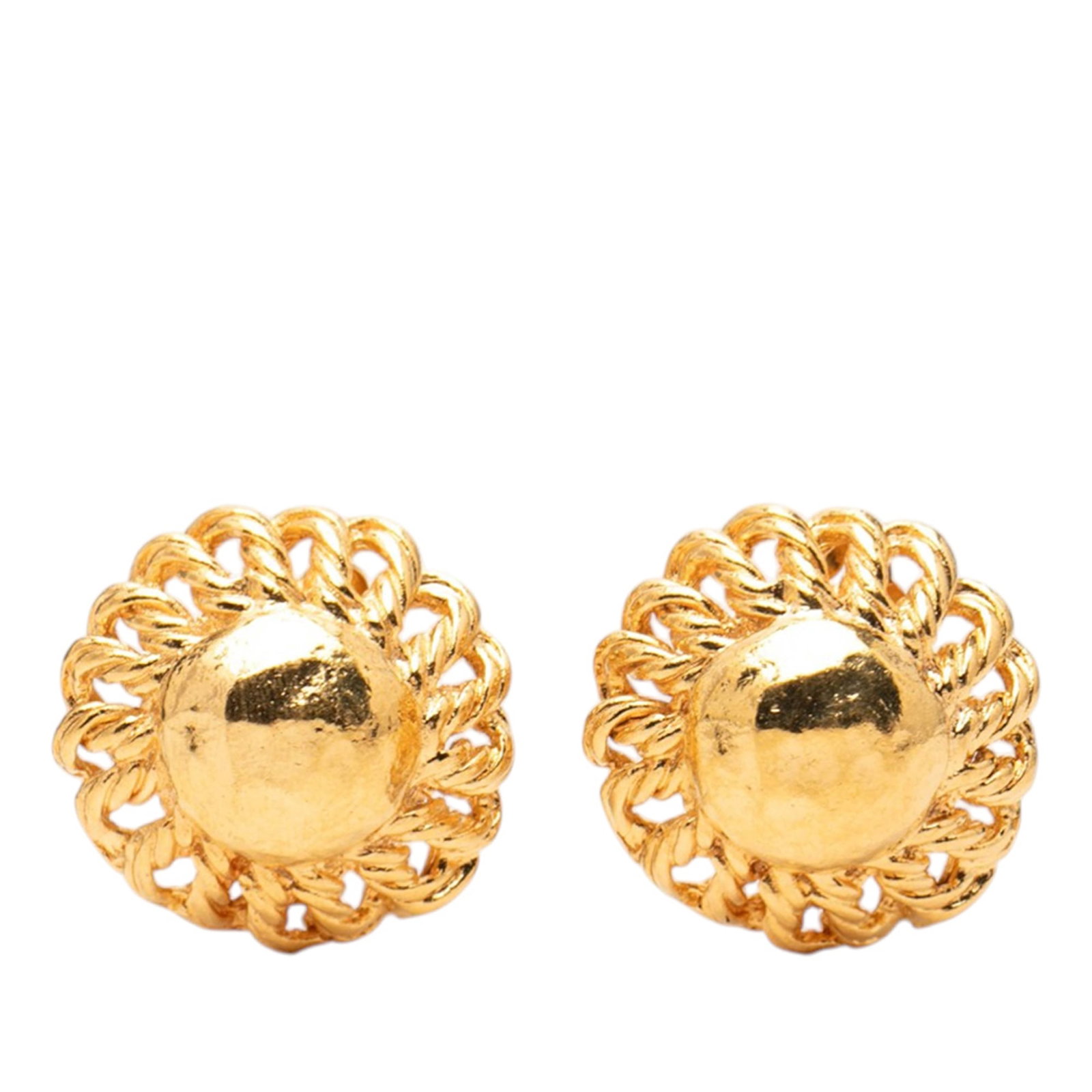 Chanel Round Gold Plated Metal Clip Earrings from France: Chanel Round Gold Plated Metal Clip Earrings from France These Chanel round clip-on earrings feature gold-plated metal bodies with back clip-on closures. Designed as costume jewelry, they are crafted 