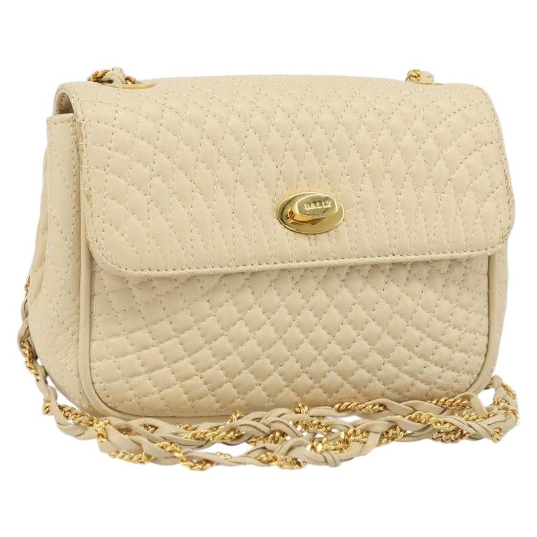 Bally Beige Leather Chain Strap Shoulder Bag Gold Tone Accents: Bally Beige Leather Chain Strap Shoulder Bag Gold Tone Accents This BALLY chain shoulder bag features a beige and gold leather exterior and is designed for women. Crafted in Switzerland, it offers a c