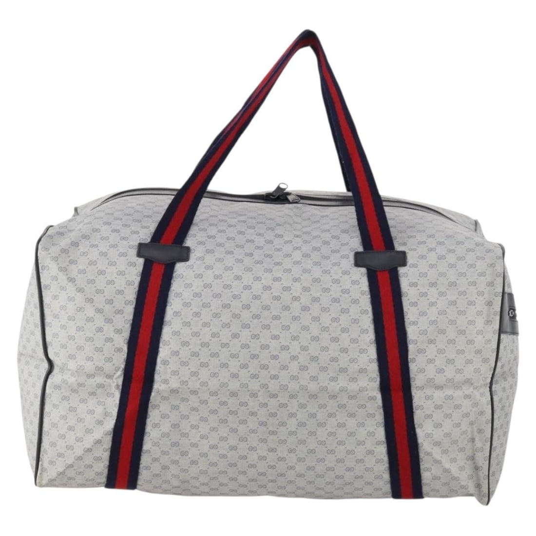 Gucci Navy Canvas Web Trim Duffle Bag Unisex Travel Tote: Gucci Navy Canvas Web Trim Duffle Bag Unisex Travel Tote This Gucci Web Trim Weekend Duffle Bag is crafted from GG coated canvas in navy, designed for unisex use. The bag features signature web trim a