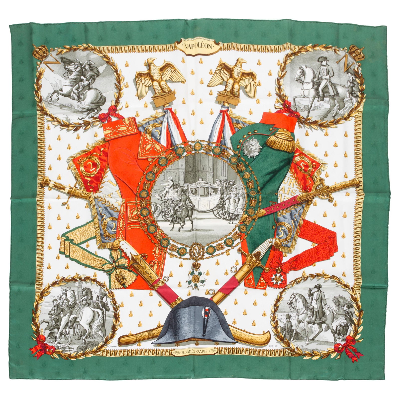 Hermes Green Silk Twill Napoleon Scarf by Ledoux 35 in: Hermes Green Silk Twill Napoleon Scarf by Ledoux 35 in This exquisite Hermes Green Napoleon Silk Scarf features a stunning design by Ledoux, crafted from luxurious silk twill. With hand-rolled edges, 