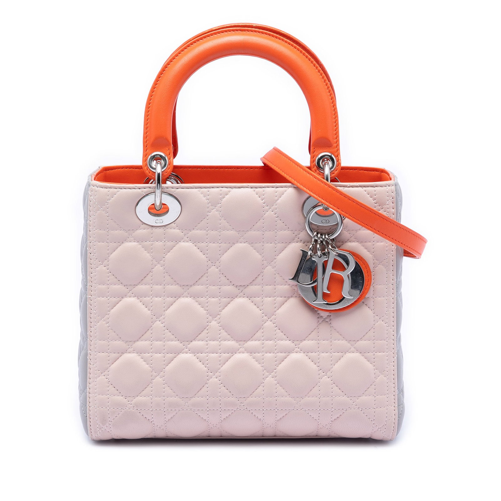Dior Lady Dior Medium Cannage Bag in Multicolor Lambskin Leather: Dior Lady Dior Medium Cannage Bag in Multicolor Lambskin Leather This Medium Tricolor Lady Dior bag features a lambskin leather body with signature Cannage stitching. It is designed with flat leather 