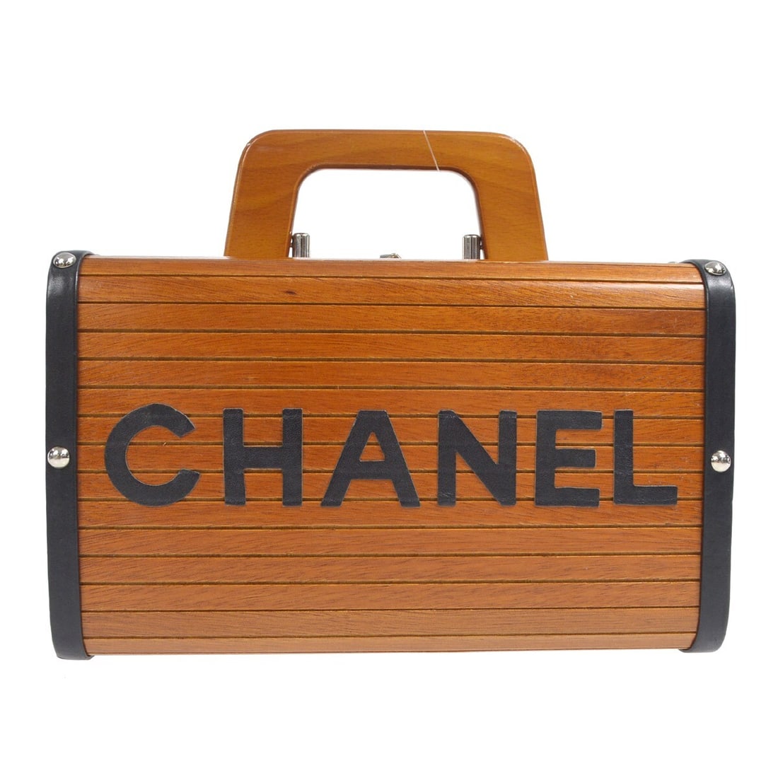 Chanel Brown Black Wooden Vanity Handbag Box with Leather Lining: Chanel Brown Black Wooden Vanity Handbag Box with Leather Lining This elegant Chanel Brown Black Wooden Vanity Handbag Box is designed for casual occasions and features a medium size with a stylish to