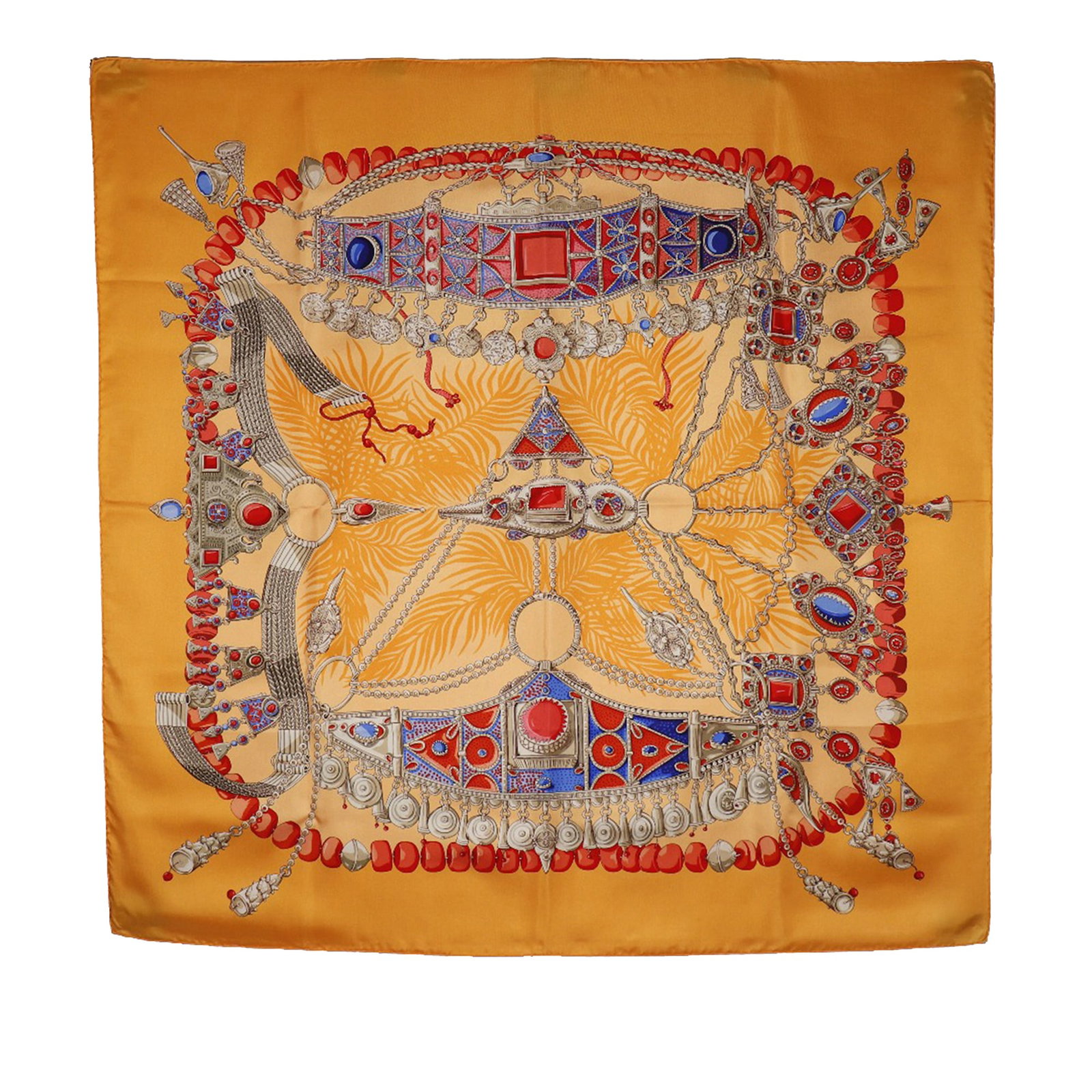 Terres Precieuses 90 Orange Silk Scarf by Hermes France: Terres Precieuses 90 Orange Silk Scarf by Hermes France This Hermes Terres Precieuses scarf features a vibrant orange print crafted in 100% silk. The accessory is made in France and measures 90 cm by 