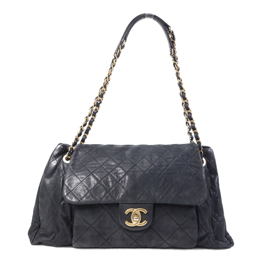 Chic Qoilt Accordion Flap Shoulder Bag Black Calfskin with CC GHW by Chanel: Chic Qoilt Accordion Flap Shoulder Bag Black Calfskin with CC GHW by Chanel This CHANEL CC Accordion Flap Bag features a chic quilted design crafted from black calfskin leather. Designed as a shoulder
