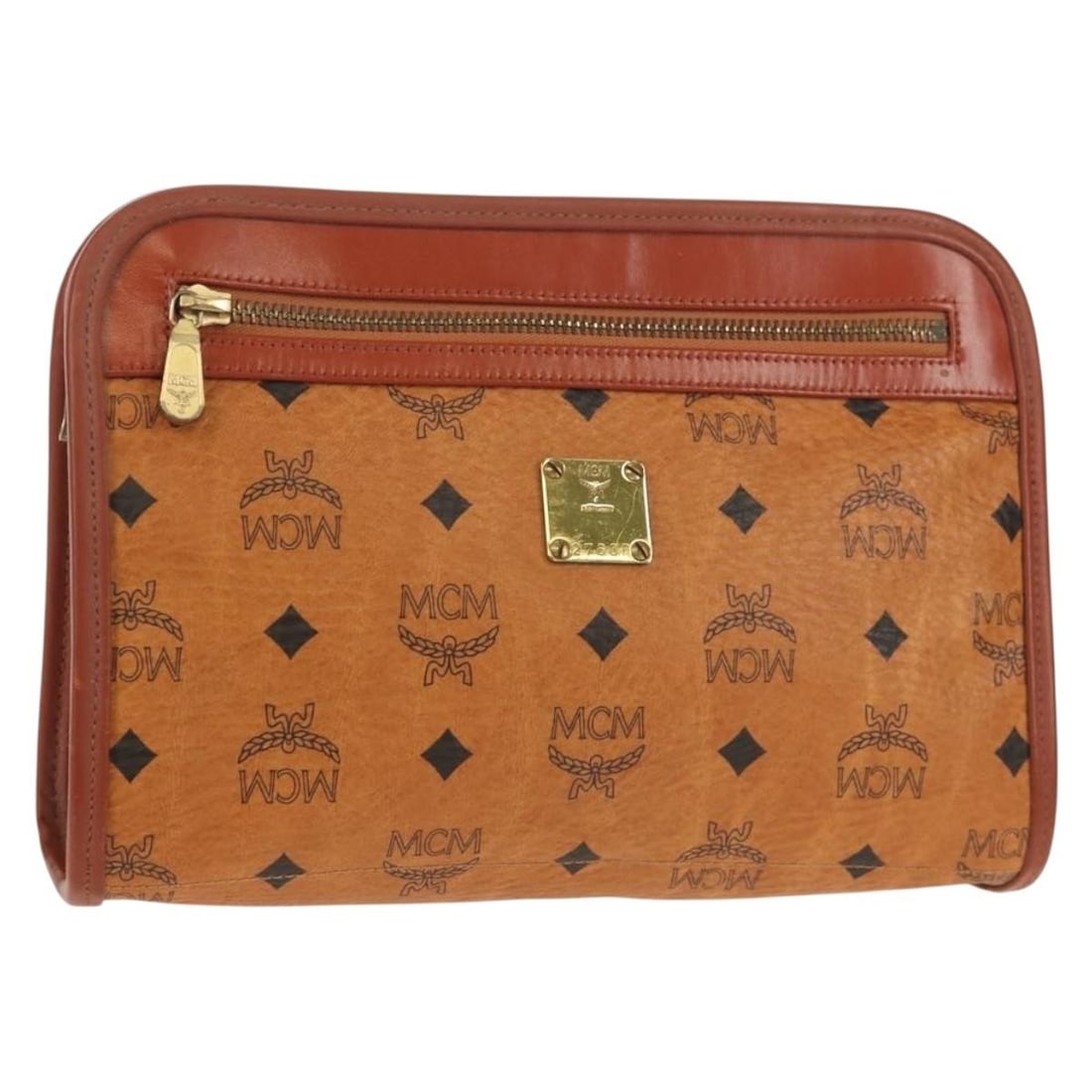 MCM Logogram Vicetos Clutch Bag Brown Gold PVC Leather Auth: MCM Logogram Vicetos Clutch Bag Brown Gold PVC Leather Auth This MCM Logogram Vicetos Clutch Bag is a stylish accessory crafted from durable PVC leather in a rich brown and gold color scheme. Made in 