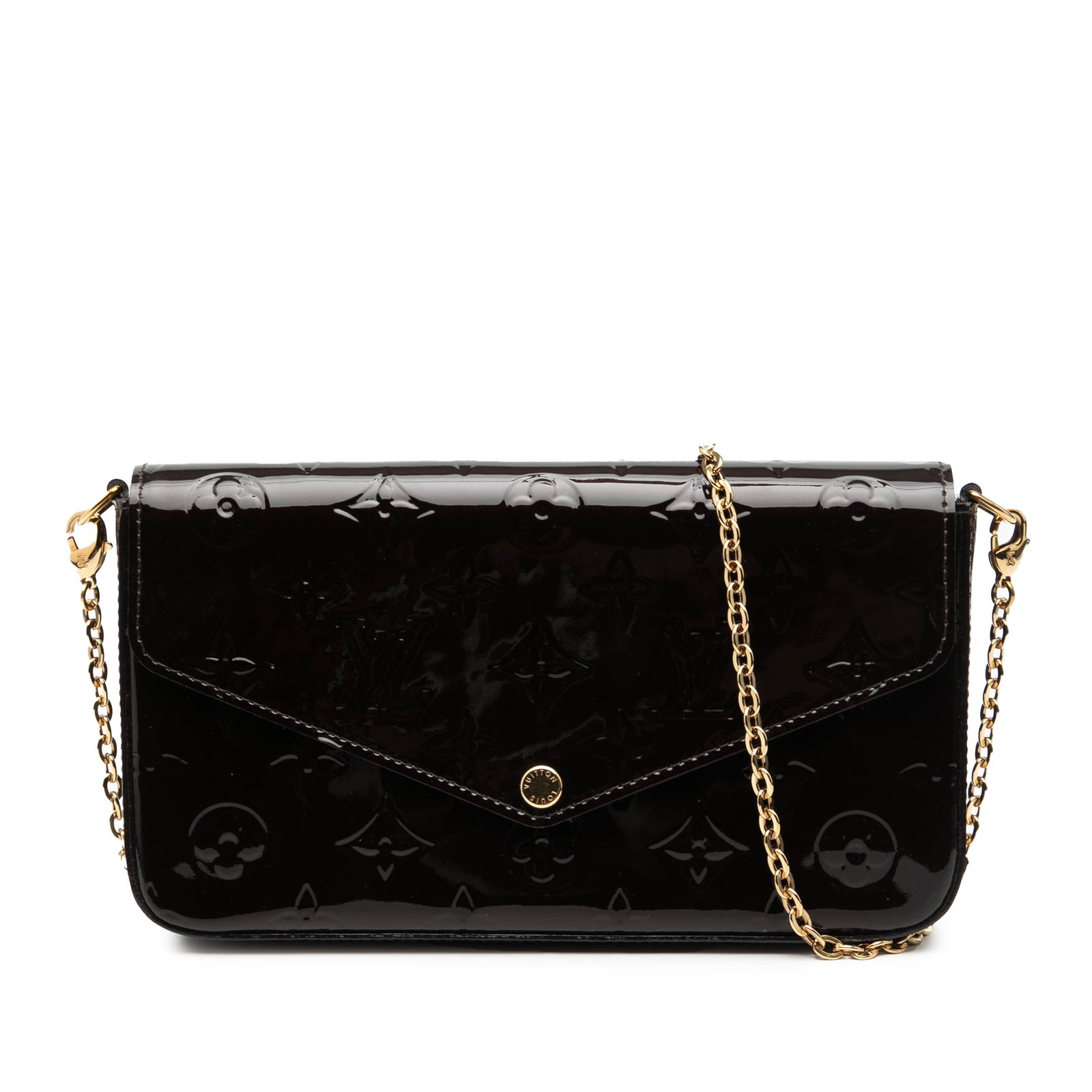 Purple Vernis Leather Felicie Shoulder Bag with Gold Chain: Purple Vernis Leather Felicie Shoulder Bag with Gold Chain This Louis Vuitton Monogram Vernis Pochette Felicie features a vernis leather body in a vibrant purple color. It is designed with a detachabl