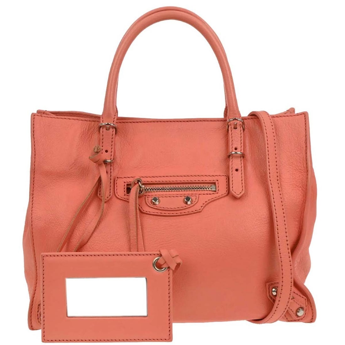 Balenciaga Leather A4 Papier Zip Around Studded Handbag Pink: Balenciaga Leather A4 Papier Zip Around Studded Handbag Pink This pre-owned Balenciaga Papier A4 Zip Around Classic Studs Bag is crafted from pink leather and designed for women. The handbag features 