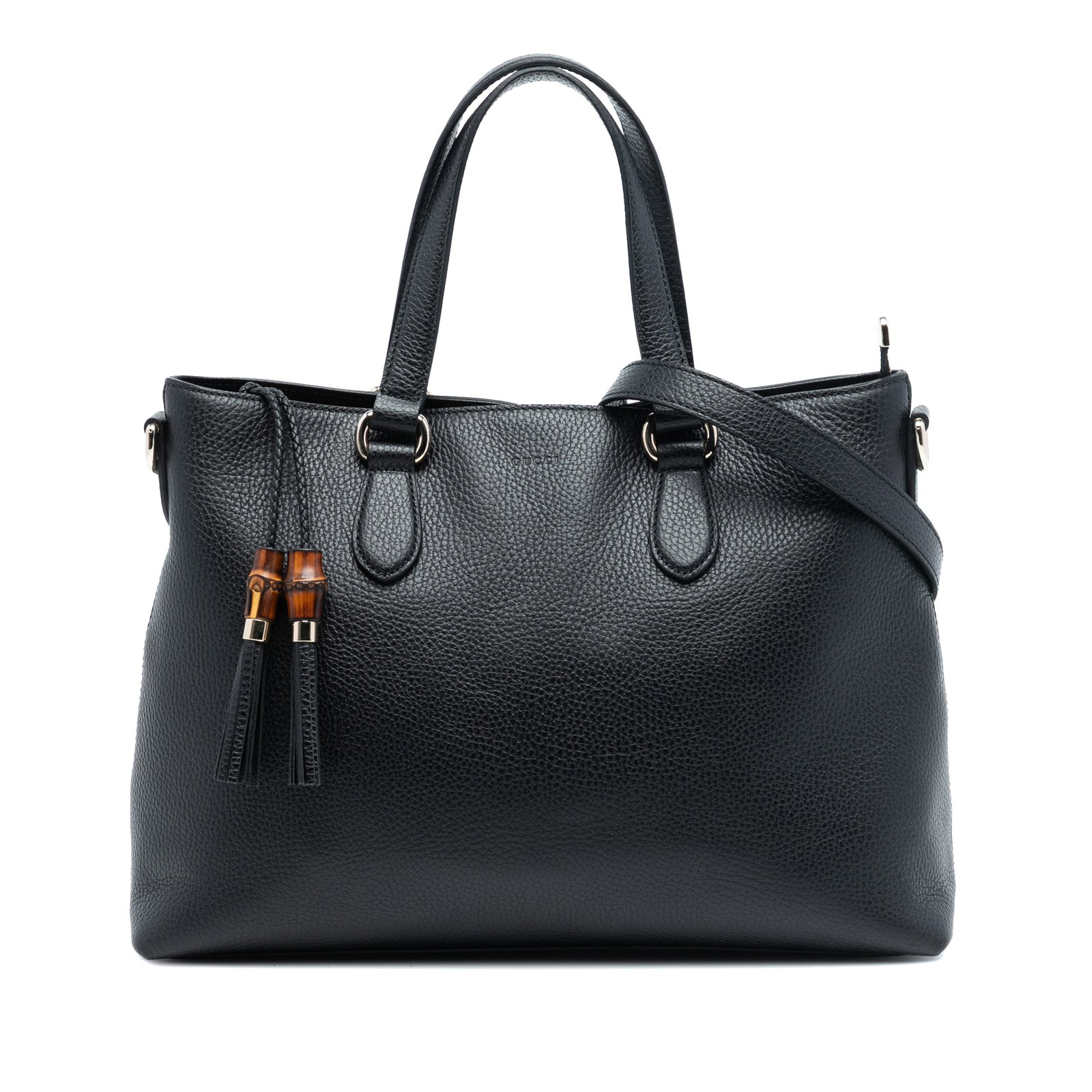 Black Leather Satchel with Bamboo Tassel and Detachable Strap by Gucci: Black Leather Satchel with Bamboo Tassel and Detachable Strap by Gucci This satchel features a black leather body with flat leather handles and a detachable flat leather strap. It has a top zip closur