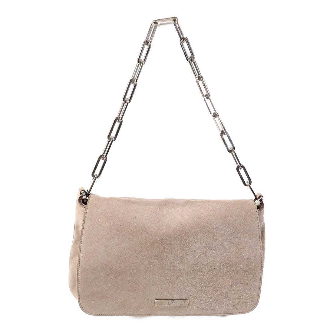 Gucci Beige Suede GG Chain Shoulder Bag SHW: Gucci Beige Suede GG Chain Shoulder Bag SHW This Gucci GG chain shoulder bag features a beige suede exterior and is designed for women. The bag offers a classic shoulder style with silver hardware acc