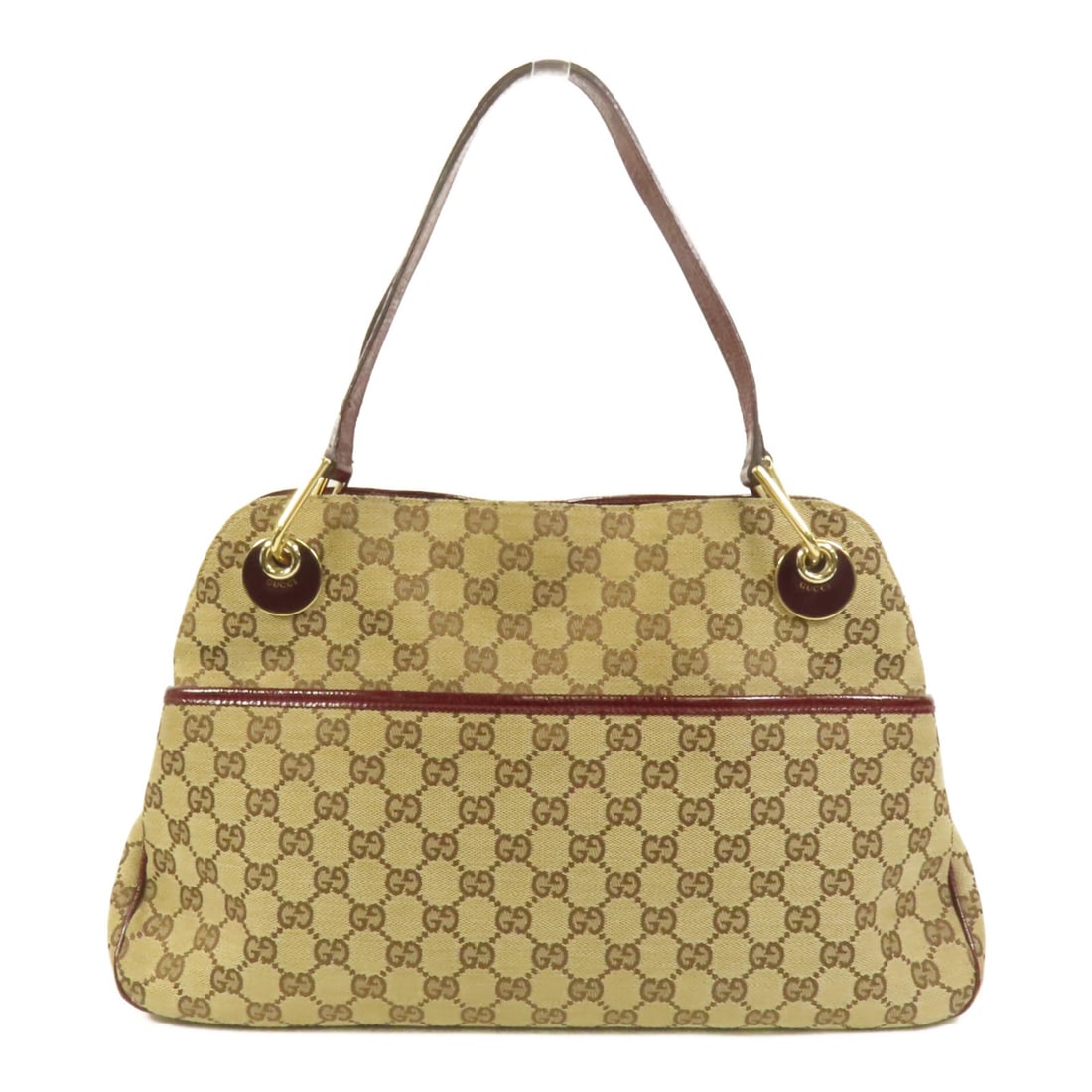 Gucci Brown GG Canvas Shoulder Bag with Gold Tone Hardware: Gucci Brown GG Canvas Shoulder Bag with Gold Tone Hardware This GUCCI shoulder bag features the iconic GG canvas in a brown color. Designed for women, it offers a classic style with a structured silho