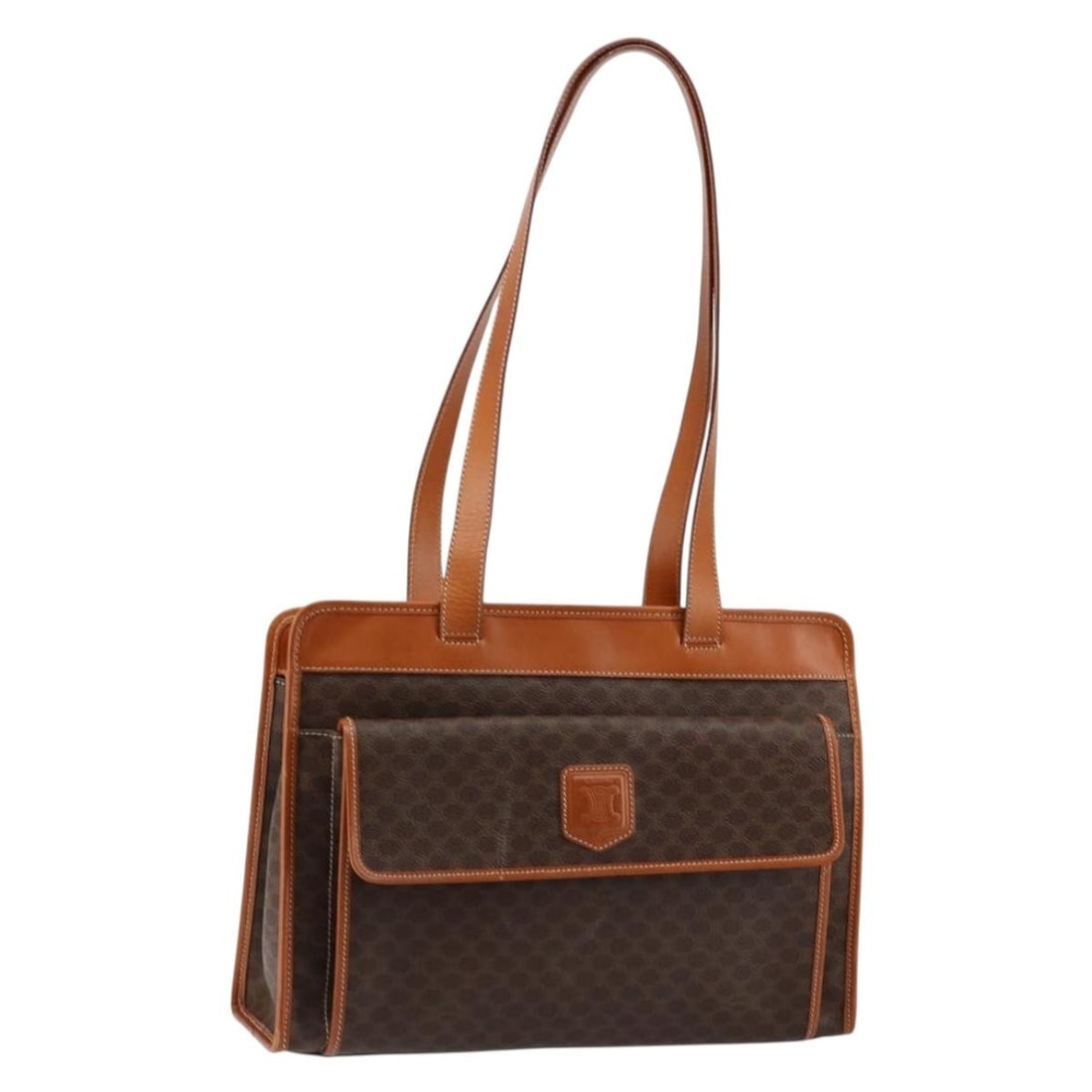 CELINE Macadam Brown Gold PVC Leather Tote Bag Italy Auth: CELINE Macadam Brown Gold PVC Leather Tote Bag Italy Auth Introducing the CELINE Macadam Canvas Tote Bag, a sophisticated accessory crafted in Italy. This stylish tote features a blend of PVC leather 