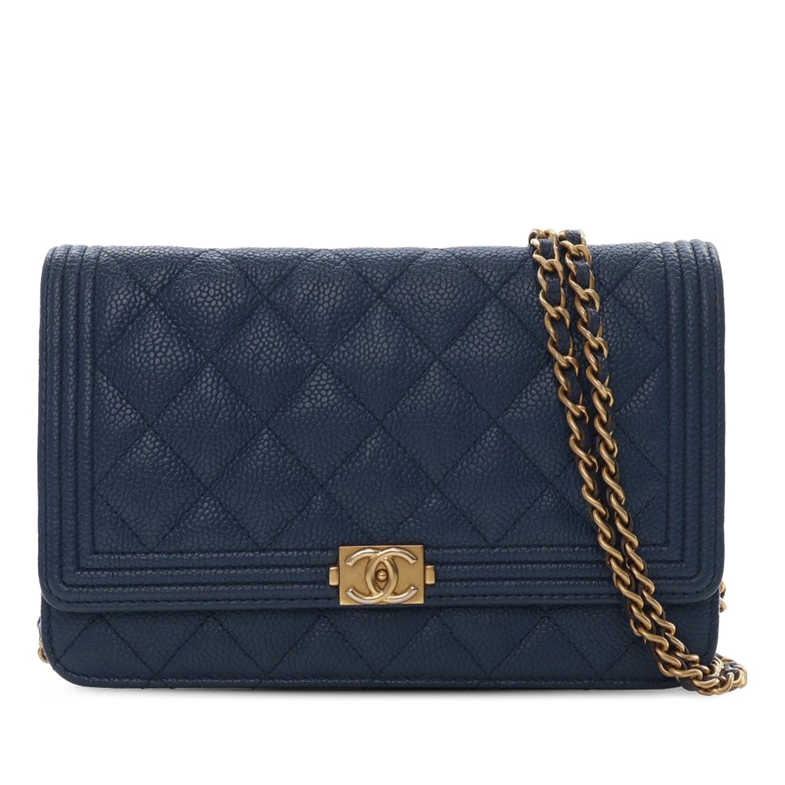 Chanel Boy Blue Caviar Leather Quilted Chain Wallet: Chanel Boy Blue Caviar Leather Quilted Chain Wallet This Chanel Boy Wallet on Chain features a blue quilted caviar leather exterior, a leather-woven chain strap, a front flap with a push lock closure,