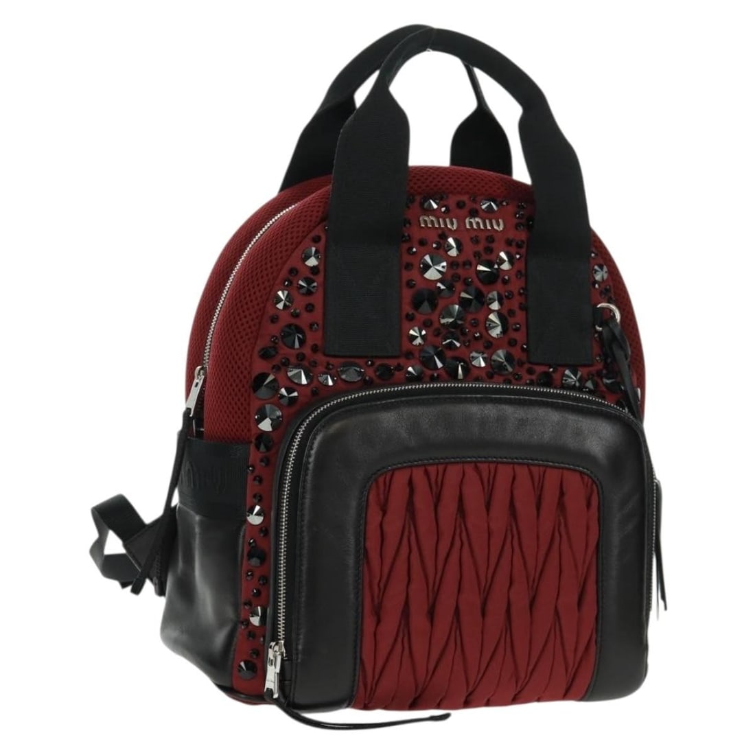 Miu Miu 5BZ005 Nylon and Leather Wine Red Backpack with Dust Bag: Miu Miu 5BZ005 Nylon and Leather Wine Red Backpack with Dust Bag This Miu Miu backpack features a wine red nylon exterior with leather accents. The bag offers a spacious interior and comes with a dust