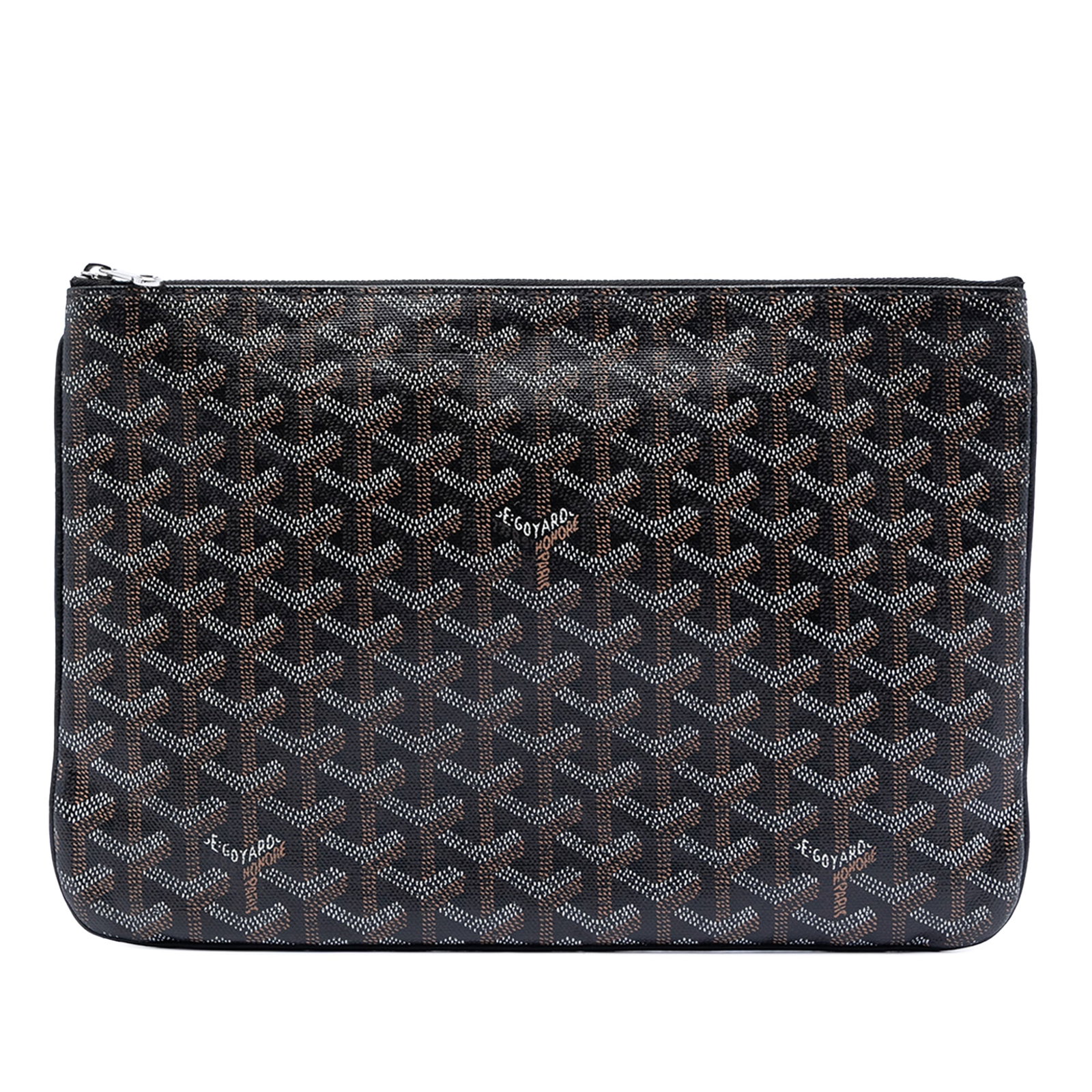 Goyard Goyardine Senat MM Black Coated Canvas Pouch with Zip Closure: Goyard Goyardine Senat MM Black Coated Canvas Pouch with Zip Closure This Goyardine Senat MM clutch features a coated canvas exterior in black, a top zip closure, and an interior slip pocket. The item