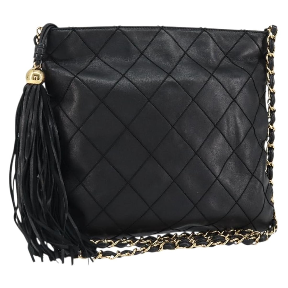 Black Leather Chanel Matelasse Shoulder Bag Vintage 26cm by 23cm by 26cm: Black Leather Chanel Matelasse Shoulder Bag Vintage 26cm by 23cm by 26cm This pre-owned Chanel vintage shoulder bag features black leather crafted in Italy. Designed for women, it shows signs of use i