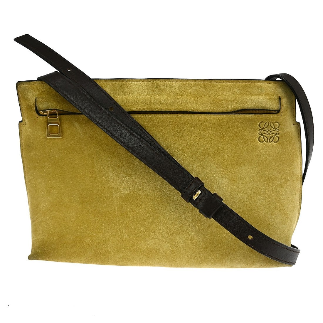 Loewe Small Brown Suede Leather Shoulder Bag with Zip Closure: Loewe Small Brown Suede Leather Shoulder Bag with Zip Closure This Loewe brown suede shoulder bag features a compact design with a zip closure and a small size, ideal for everyday use. The bag is craf