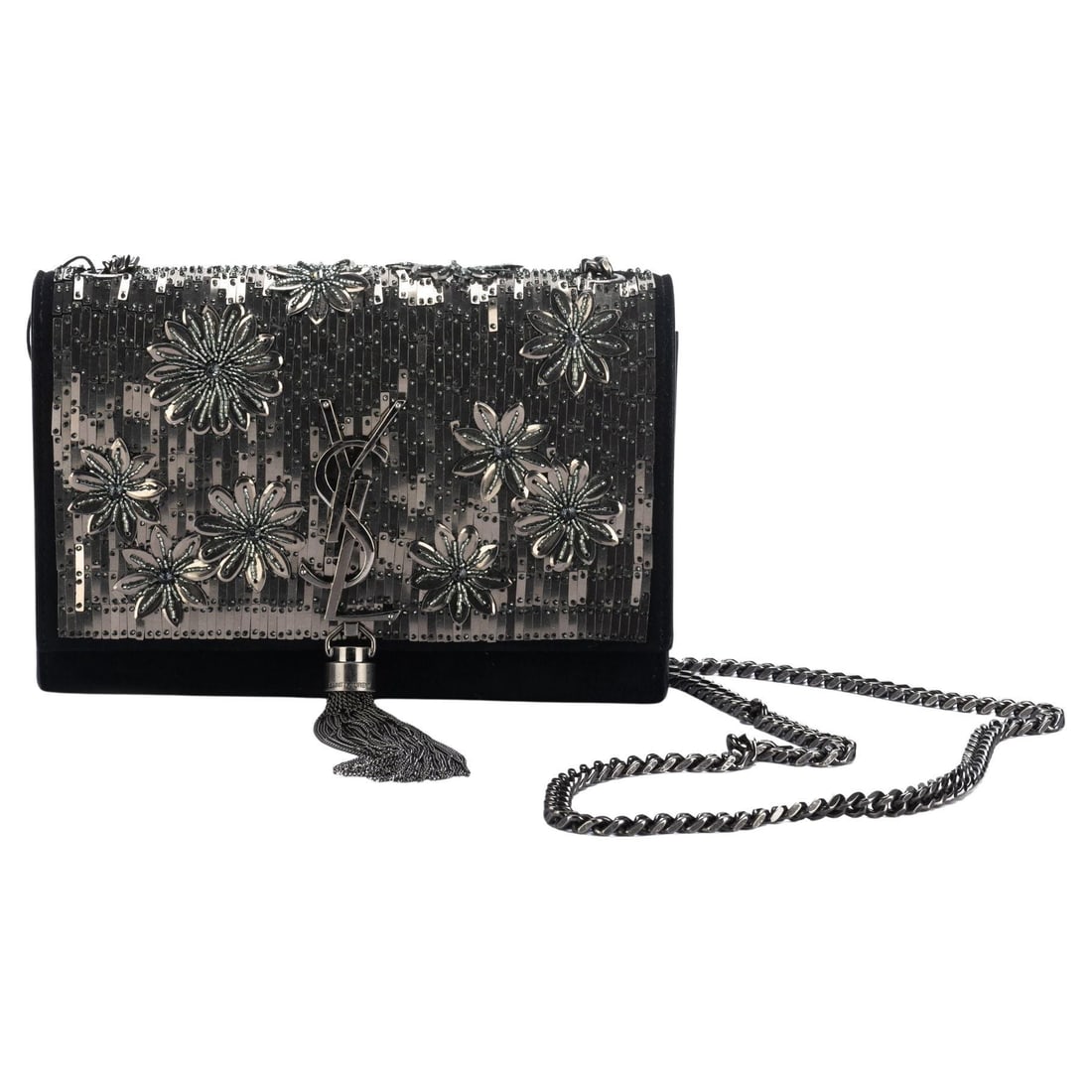 Yves Saint Laurent Black Suede Beaded Crossbody Bag: Yves Saint Laurent Black Suede Beaded Crossbody Bag This Yves Saint Laurent evening bag is a stunning blend of black suede and intricate gunmetal beading, perfect for adding a touch of elegance to you