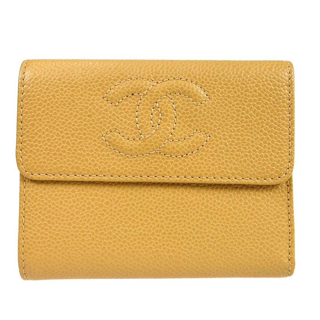 Chanel Beige Caviar Skin Trifold Wallet with CC Pattern: Chanel Beige Caviar Skin Trifold Wallet with CC Pattern This elegant Chanel Trifold Wallet is crafted from luxurious beige caviar skin leather, featuring the iconic CC pattern. Designed for functional