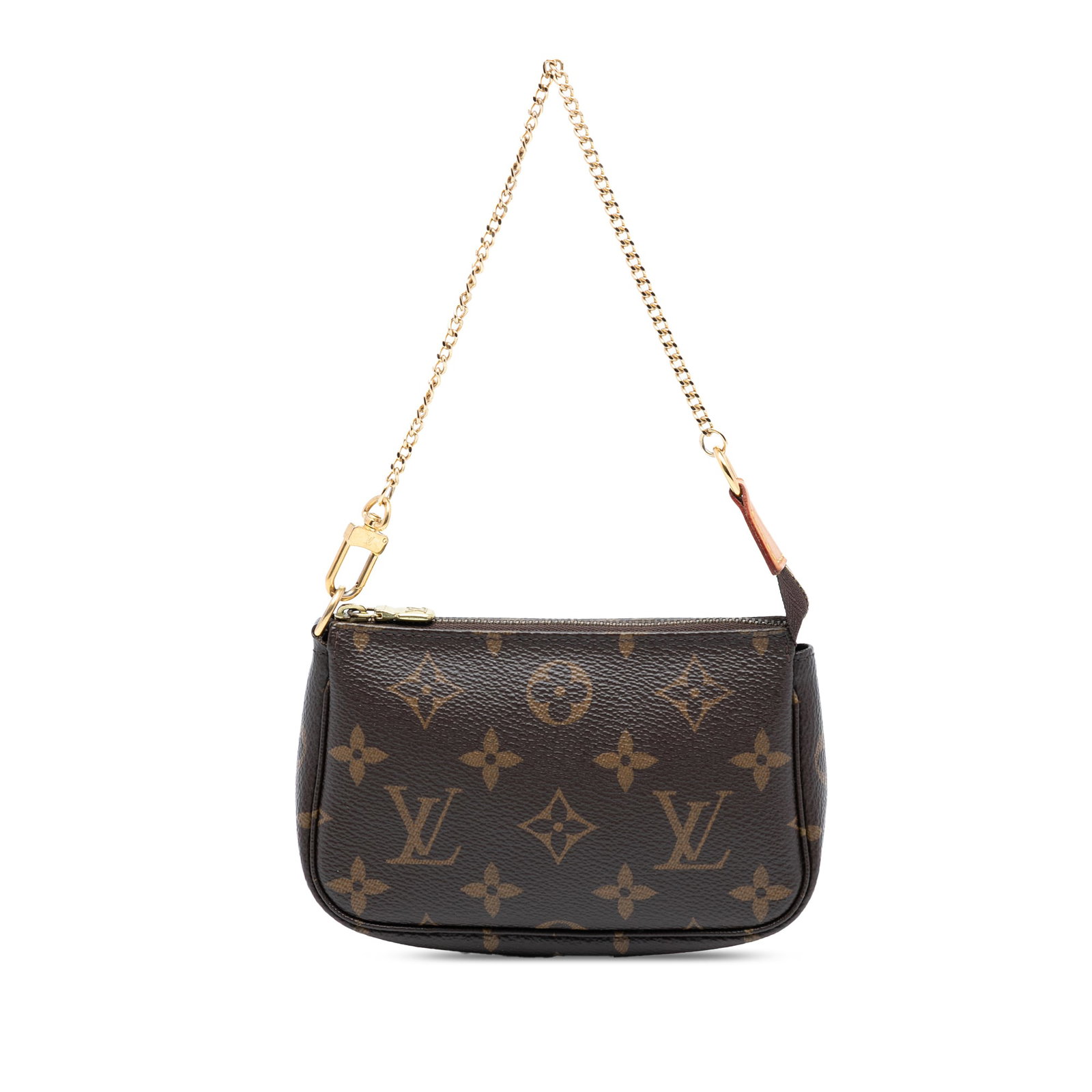 Mini Pochette Accessoires Brown Canvas Bag with Chain Strap by Louis Vuitton: Mini Pochette Accessoires Brown Canvas Bag with Chain Strap by Louis Vuitton The Louis Vuitton Monogram Mini Pochette Accessoires features a monogram canvas body with a gold-tone chain strap and a top