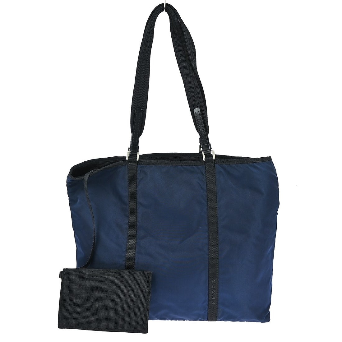Prada Large Blue Nylon Tote Bag with Canvas Lining and Logo Accent: Prada Large Blue Nylon Tote Bag with Canvas Lining and Logo Accent This Prada blue nylon tote handbag features a spacious large size, designed for casual occasions. The bag is crafted from durable nyl