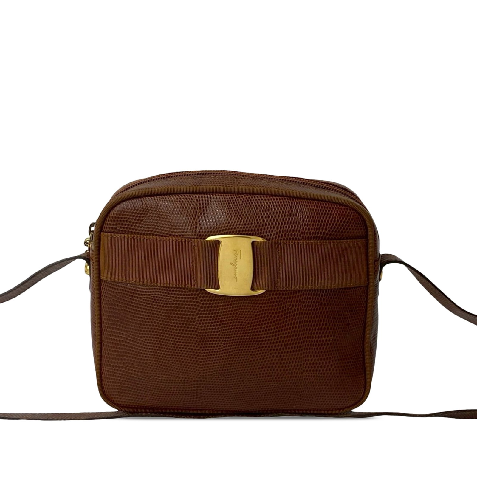 Vara Brown Embossed Leather Crossbody Bag by Ferragamo (1 of 9)