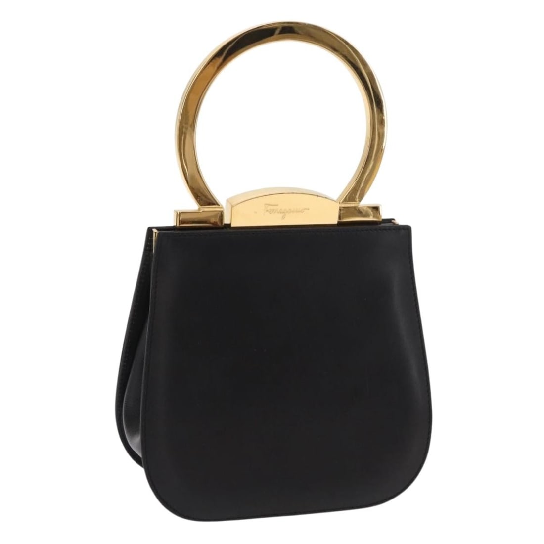 Salvatore Ferragamo Gancini Hand Bag Leather Black Gold Italy Auth (1 of 18)