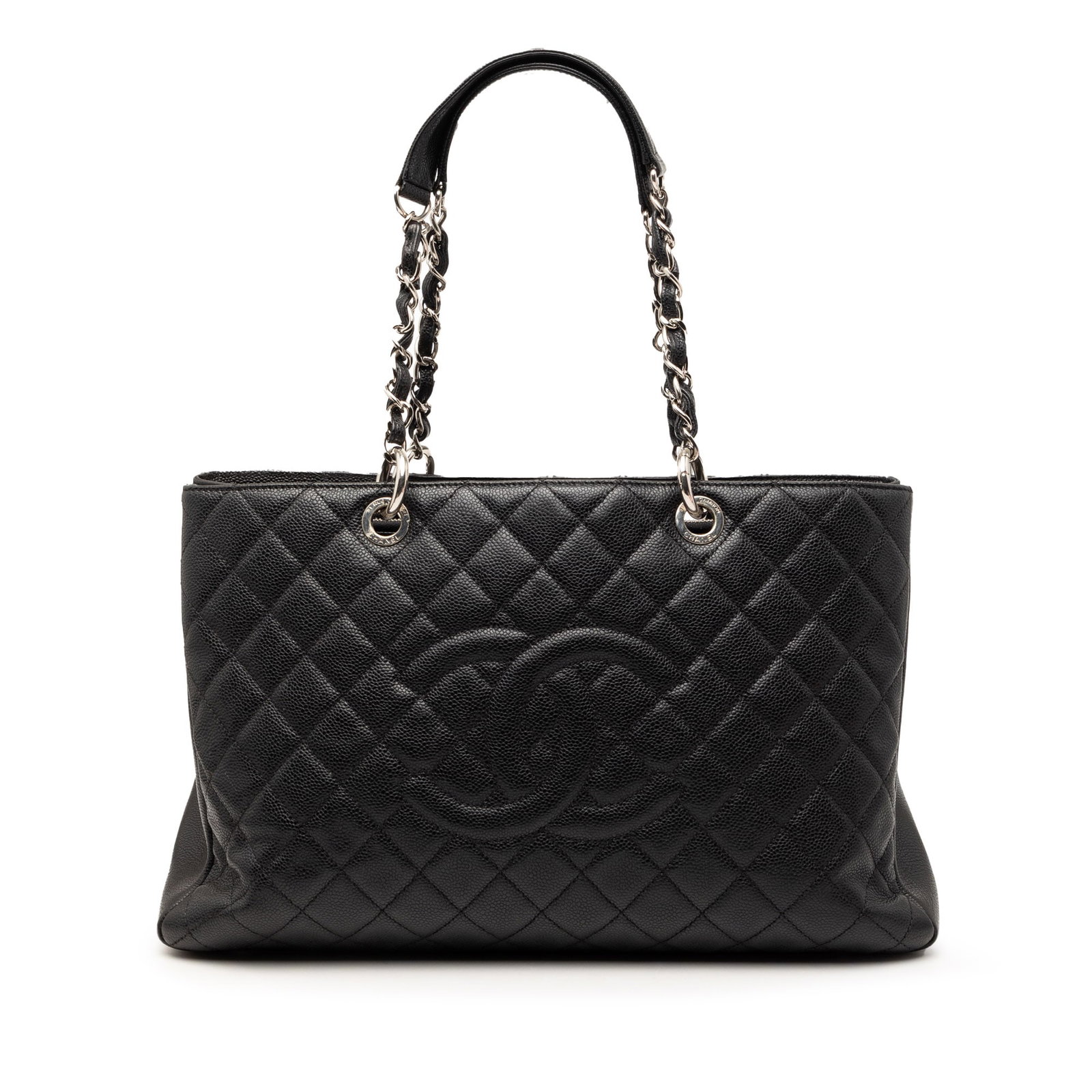Chanel Black Leather XL Grand Shopping Tote with Chain Straps: Chanel Black Leather XL Grand Shopping Tote with Chain Straps The Chanel Caviar Grand Shopping Tote XL is crafted from black caviar leather and features leather-woven chain link straps with a leather 