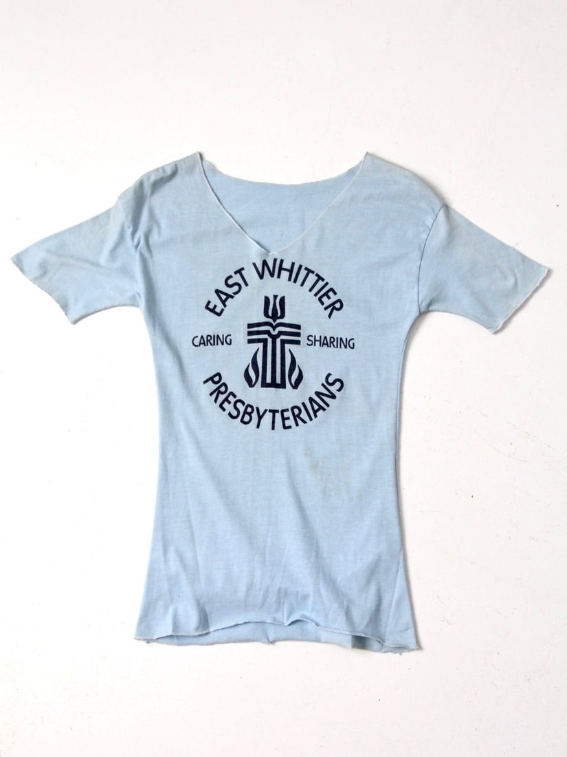 1980s Vintage East Whittier Graphic Tee Soft Blue V-Neck - 3