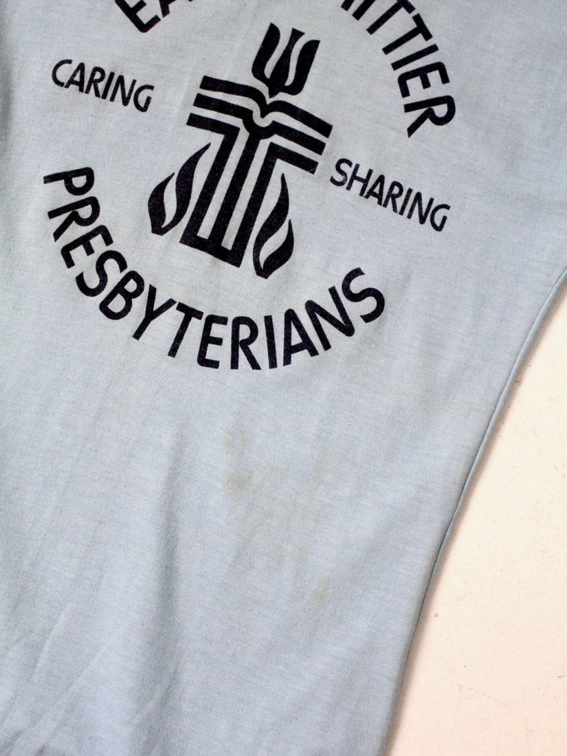1980s Vintage East Whittier Graphic Tee Soft Blue V-Neck - 5