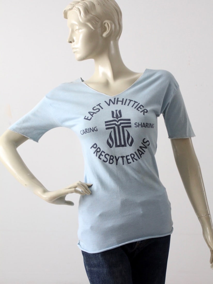 1980s Vintage East Whittier Graphic Tee Soft Blue V-Neck - 6