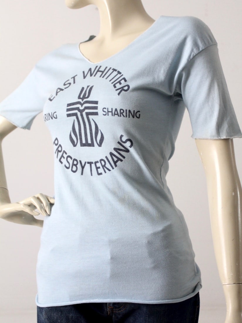 1980s Vintage East Whittier Graphic Tee Soft Blue V-Neck - 9
